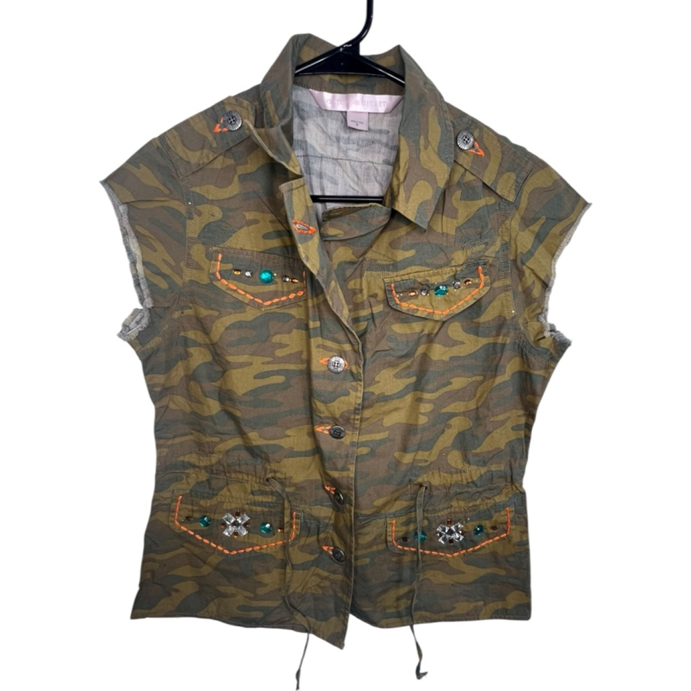 Victoria's Secret Camp Jeweled Button Down Short Sleeve Camo Shirt